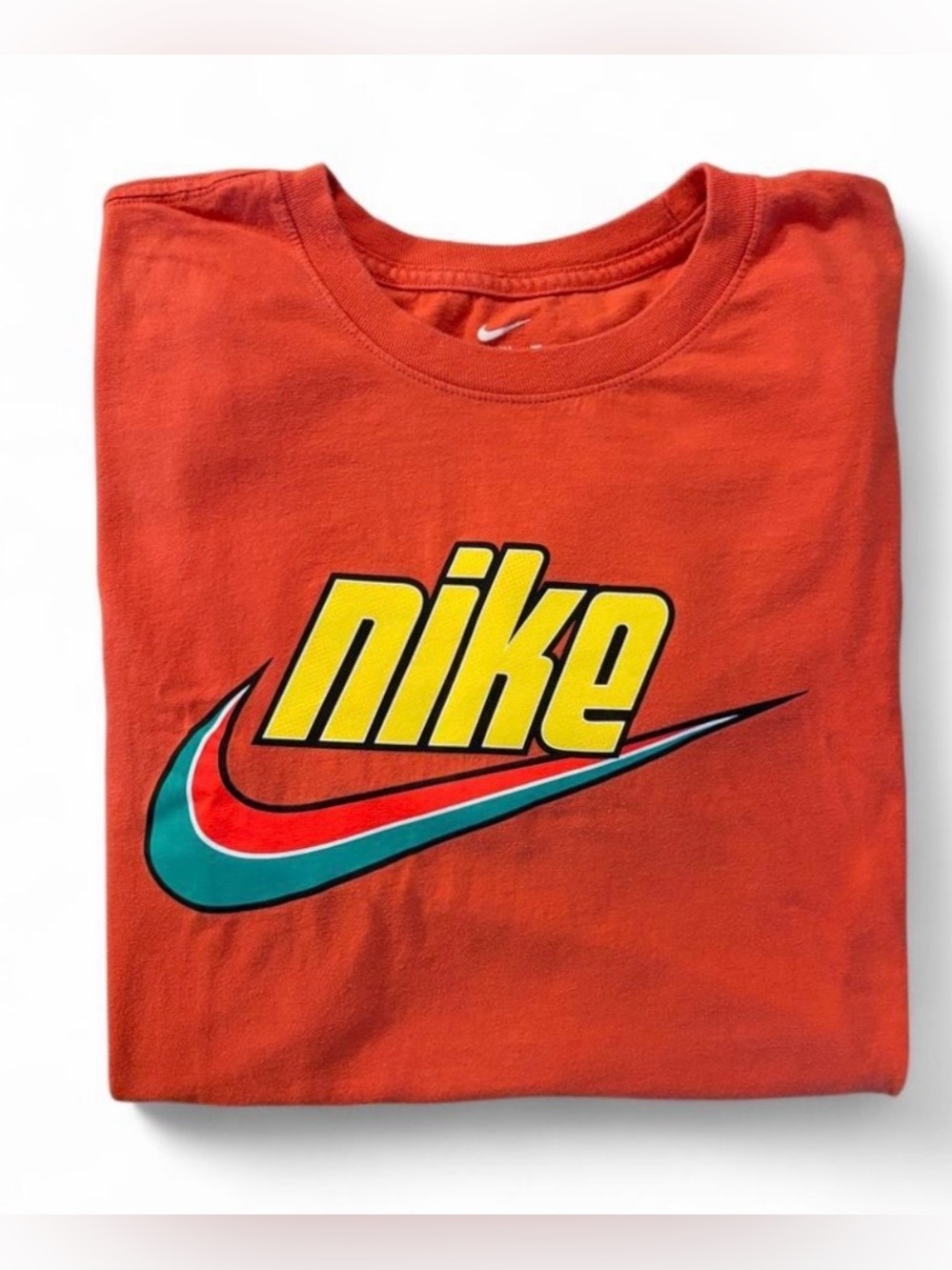 Nike Men’s Sz. L red-orange tshirt with large yellow ‘Nike’ and swoosh logo